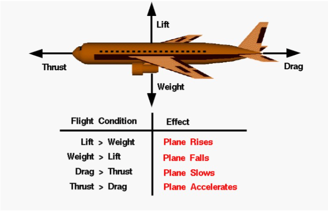 A picture showing how lift, drag, thrust, and gravity act on a plane