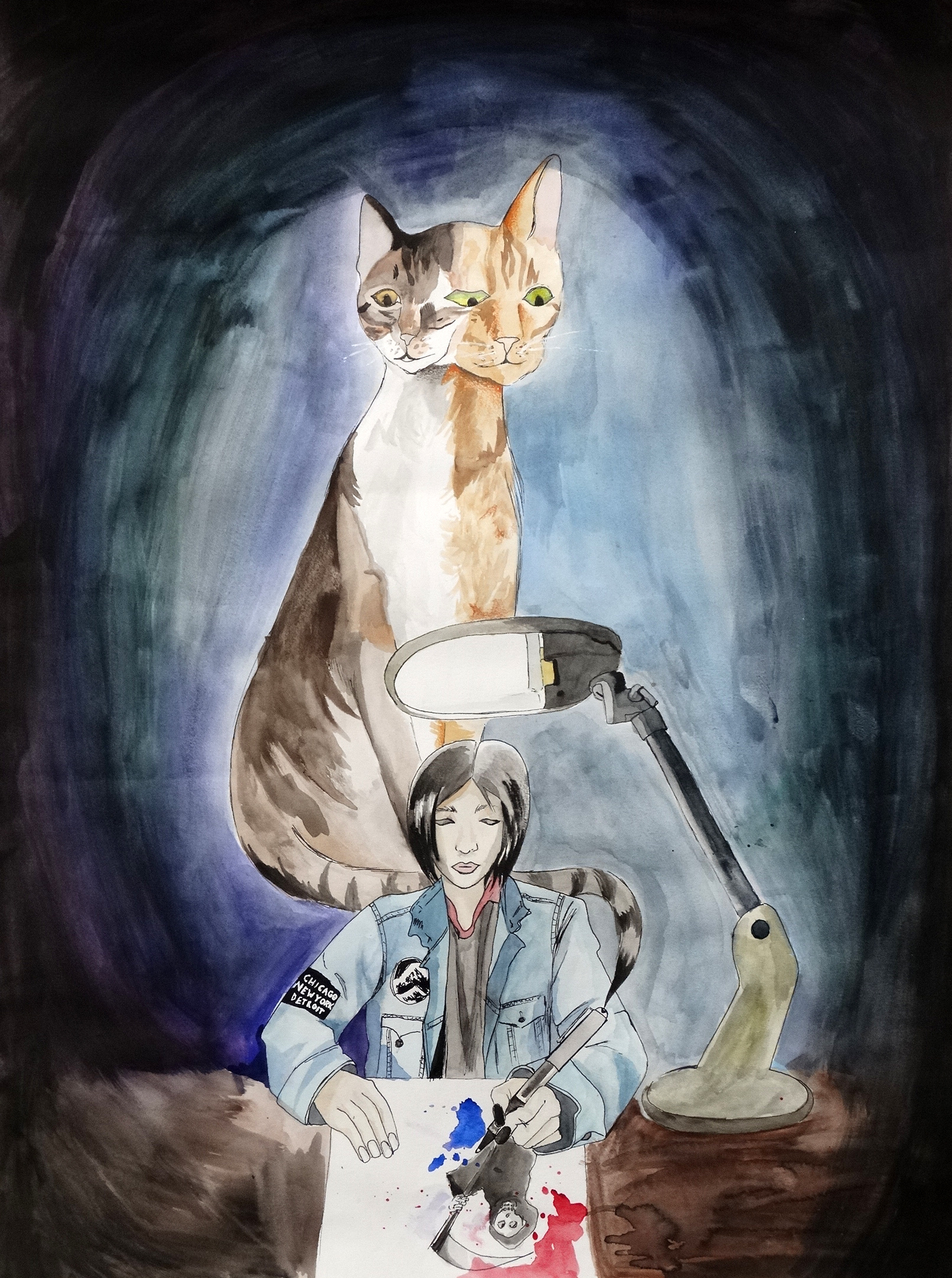 A painting of giant cats engulfed in a dark watercolor background with Finley drawing in front