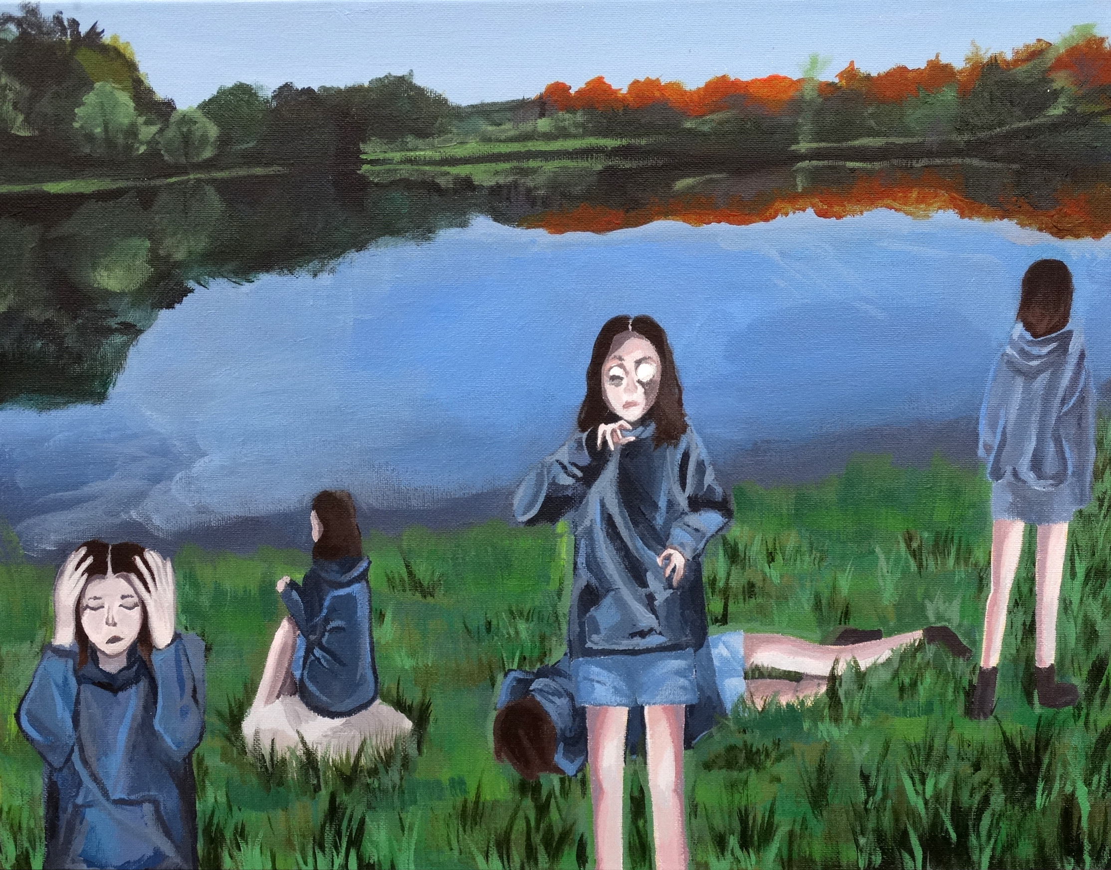 Acrylic painting of a girl in multiple poses