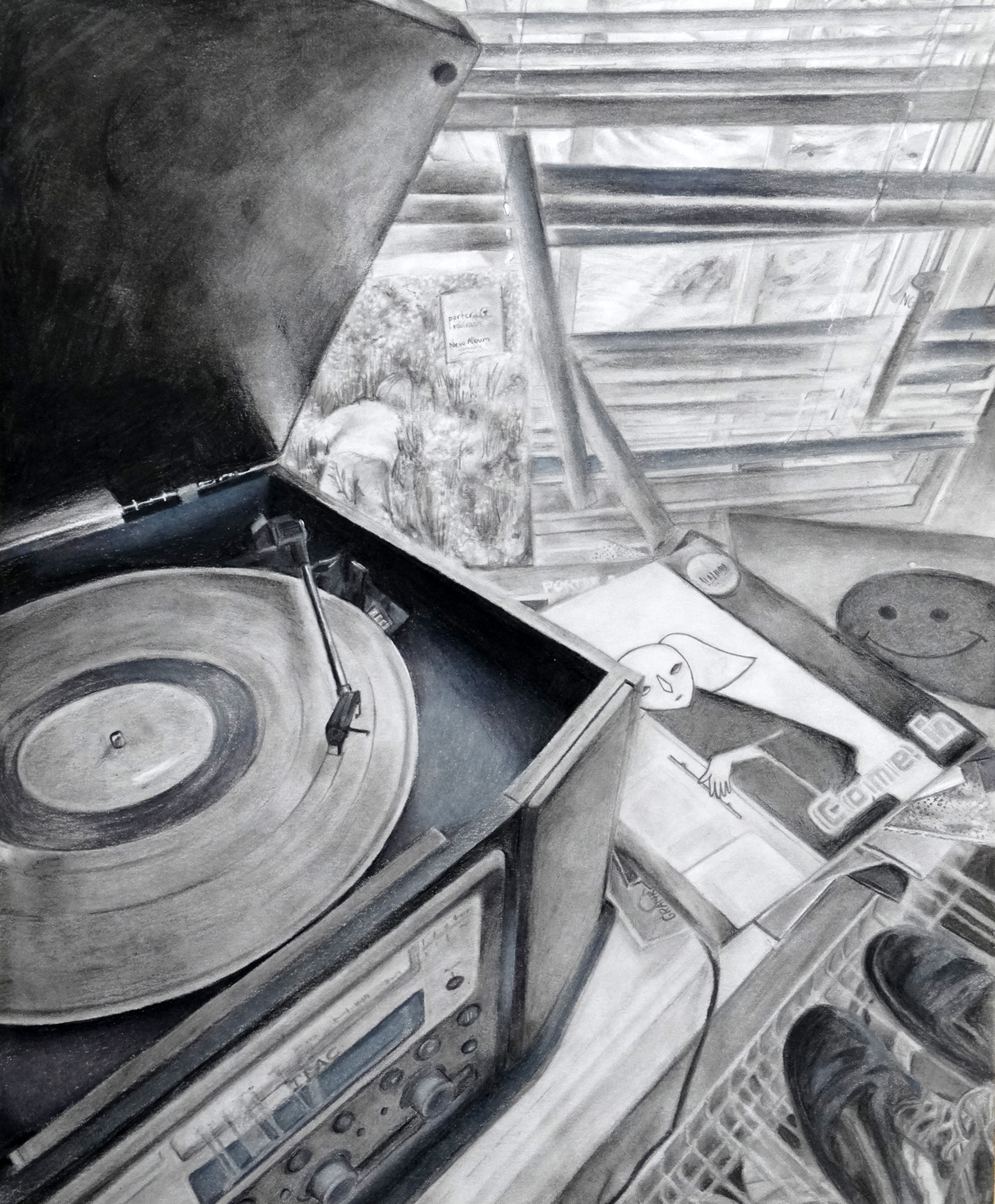 Pencil drawing of a vinyl record player